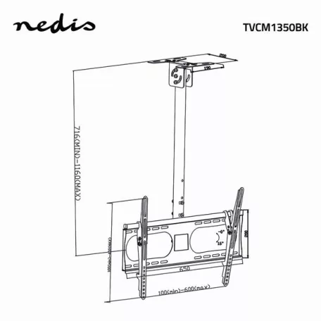 Nedis TVCM1350BK mennyezeti (plafonra szerelhető) TV / monitor állvány/tartó konzol, 42-65", dönthető, forgatható, 45kg