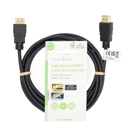 Nedis CVGL34060BK20 ultra HD HDMI kábel, HDMI dugó - dugó, 4K@60Hz, ARC, 18 Gbps, aranyozott csatlakozók, hossz 2m