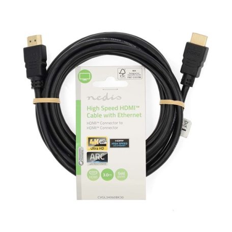 Nedis CVGL34060BK30 ultra HD HDMI kábel, HDMI dugó - dugó, 4K@60Hz, ARC, 18 Gbps, aranyozott csatlakozók, hossz 3m