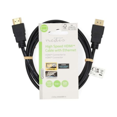 Nedis CVGL34060BK150 ultra HD HDMI kábel, HDMI dugó - dugó, 4K@60Hz, ARC, 18 Gbps, aranyozott csatlakozók, hossz 15m