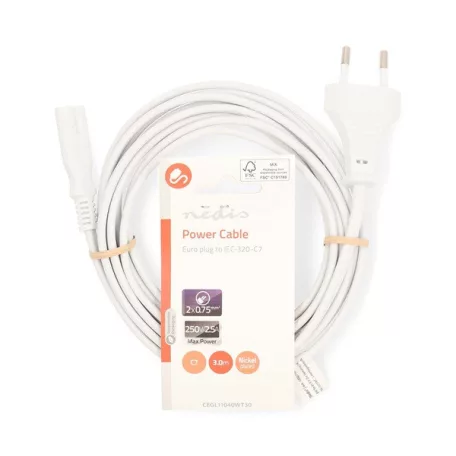 Nedis CEGL11040WT30 tápkábel IEC-320-C7, 2 x 0.75 mm, hossz 3m, fehér