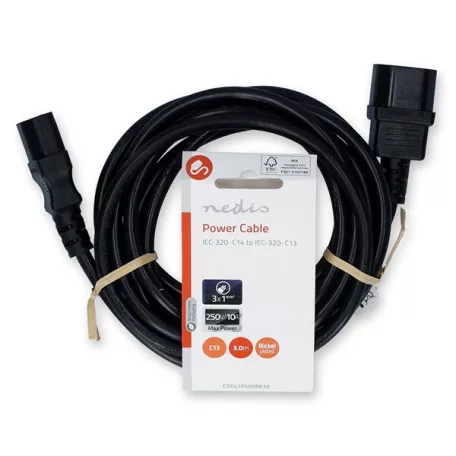 Nedis CEGL10500BK30 tápkábel IEC-320-C14 - IEC-320-C13, 3 x 1mm, hossz 3m