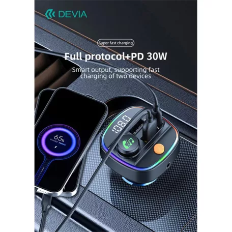 DEVIA Bluetooth FM-transmitter/autós gyorstöltő 30W PD+QC 2xUSB/AUX/MP3