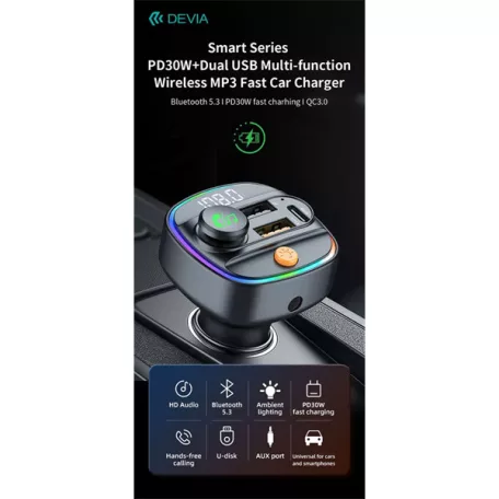 DEVIA Bluetooth FM-transmitter/autós gyorstöltő 30W PD+QC 2xUSB/AUX/MP3