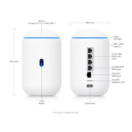 UBiQUiTi Dream Router TriBand 3x2,5Gbps (LAN) 1xPOE Out + 2xWAN (SFP+, RJ45), WiFi7, Asztali - UDR7
