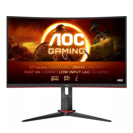 AOC Ívelt Gaming 280Hz monitor 27" C27G2Z3/BK, 1920x1080, 16:9, 300cd/m2, 0,5ms, HDMIx2/DisplayPort, állítható magasság