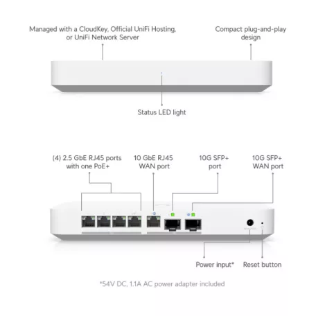 UBiQUiTi Vezetékes Router Gateway 4x2,5Gbit + 1x10Gbps SFP+ (LAN) + 1x10Gbit (SFP+/LAN) (WAN), Asztali - UXG-FIBER
