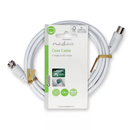 Nedis CSGL41800WT15 F dugó - koax dugó kábel, 75 Ohm, dupla árnyékolás, 1.5m