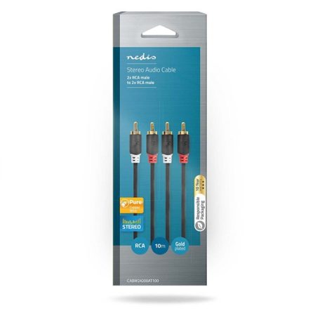 Nedis CABW24200AT100 sztereo audió kábel 2x RCA férfi,  2x RCA férfi, Aranyozott,  10 m , kerek,  Antracit