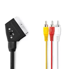   Nedis CVGP31130BK10 SCART kábel, 3x RCA férfi, Nikkelezett, Kapcsolható, 480p, 1,00 m, kerek, PVC, Fekete