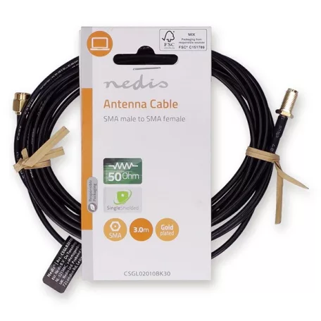 Nedis CSGL02010BK30 SMA kábel, SMA apa,  SMA anya, Aranyozott, 50 Ohm,  árnyékolt, 3 m | kerek,  PVC, Fekete