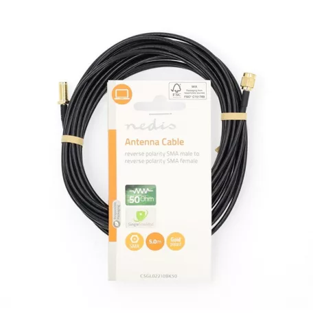 Nedis CSGL02210BK50 SMA kábel, RP SMA férfi, RP SMA női, Aranyozott, 50 Ohm, Egyetlen árnyékolt, 5,00 m, kerek