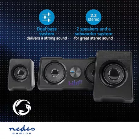 Nedis GSPR21022BK gamer hangszóró készlet, csatornák: 2.2, USB tápellátás, 3,5 mm jack, 48 W, LED, hangerőszabályozó