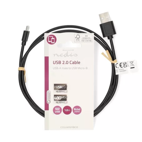 Nedis CCGL60501BK10 USB micro B (micro USB)kábel, USB 2.0  USB-A dugó  USB Micro-B dugó  7,5 W 480 Mbps. 1m