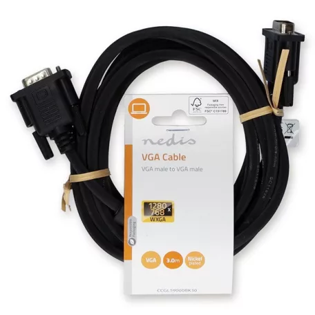 Nedis CCGL59000BK30, VGA kábel, VGA dugó - dugó, Maximális felbontás: 1280x768, hossz: 3m