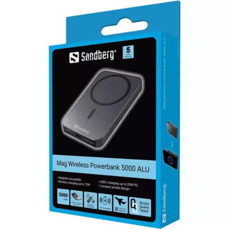 SANDBERG Hordozható akkumulátor, Mag Wireless Powerbank 5000 ALU