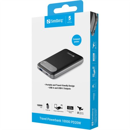 SANDBERG Hordozható akkumulátor, Travel Powerbank 10000 PD20W
