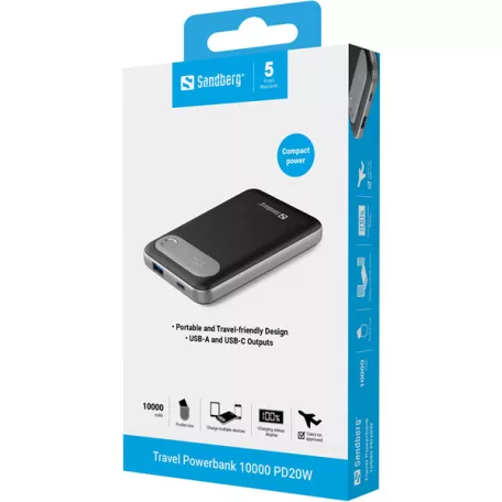 SANDBERG Hordozható akkumulátor, Travel Powerbank 10000 PD20W