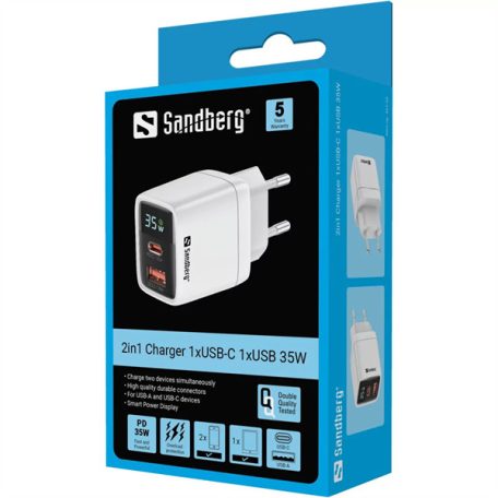 SANDBERG Hálózati töltő, 2 in 1 Charger 1x USB C 1x USB 35W