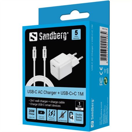 SANDBERG Hálózati töltő, USB-C 20W Charger+USB C - C1m