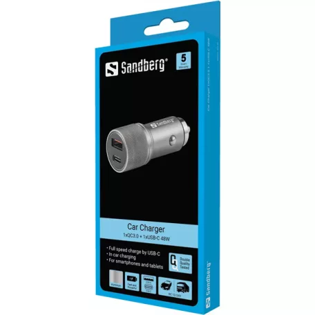 SANDBERG Autós töltő, Car Charger 1xQC3.0+1xUSBC 48W