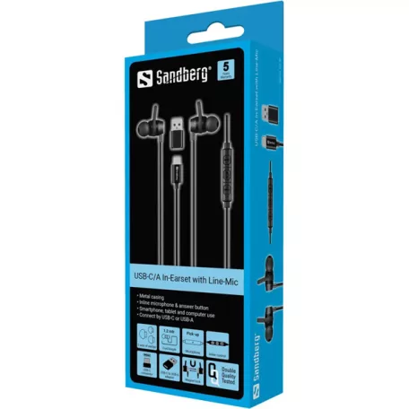 SANDBERG Fülhallgató, USB-C/A In-Earset with Line-Mic