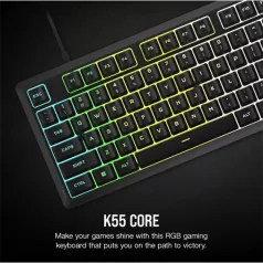   CORSAIR Vezetékes Billentyűzet Gaming, K55 CORE RGB, Médiavezérlő gombok, Cseppálló, US, fekete