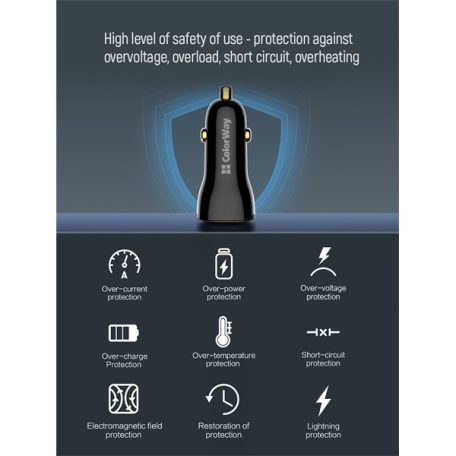 COLORWAY Autós töltő, CW-CHA046PD-BK Power Delivery Port PPS USB (USB-A + USB-C) (60 W) Fekete