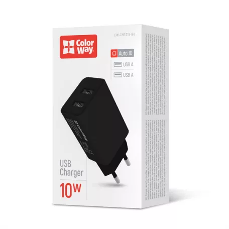 COLORWAY USB töltő CW-CHS015-BK, AC töltő 2USB AUTO ID 2.1A (10W) fekete