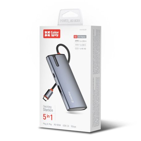 COLORWAY USB-elosztó (dokkolóállomás) CW-HUB01, ColorWay USB-C 5-b-1 Type C PD 100W/USB3.0x3/HDMI 4K