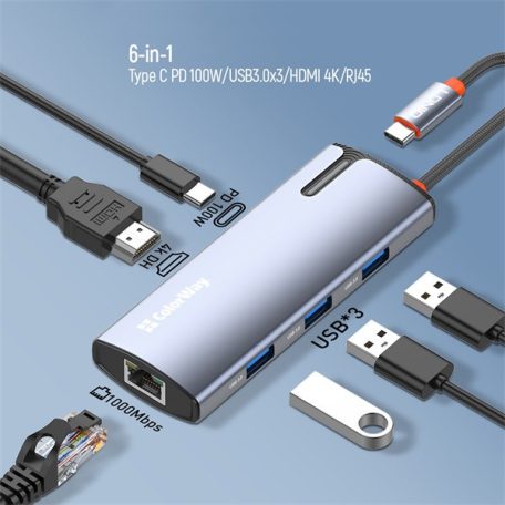 COLORWAY USB-elosztó (dokkolóállomás) CW-HUB02, USB-C 6-B-1 Type C PD 100W/USB3.0?3/HDMI 4?/RJ45
