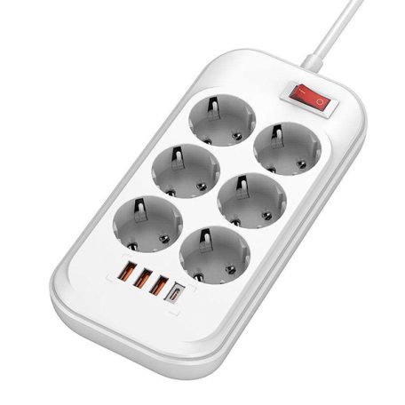 COLORWAY Hálózati elosztó, CW-CHE64PDW, 6 tápcsatlakozó/4USB (C típusú PD20W + 3USB QC3.0) (38W) Fehér 2M