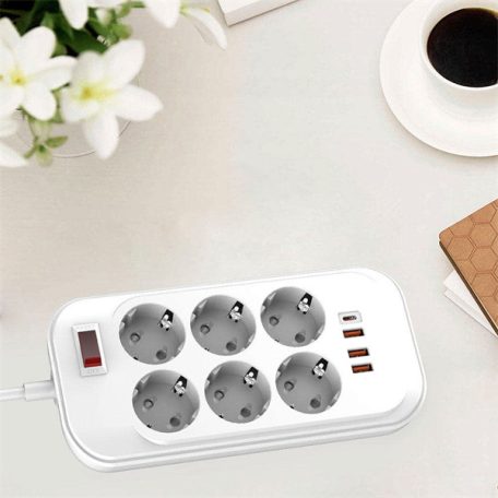 COLORWAY Hálózati elosztó, CW-CHE64PDW, 6 tápcsatlakozó/4USB (C típusú PD20W + 3USB QC3.0) (38W) Fehér 2M