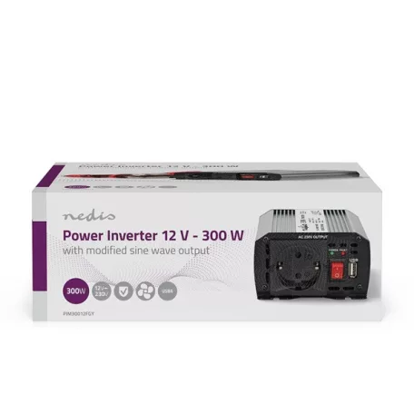 Nedis PIM30012FGY 12V DC - 230V AC inverter, 300W, csatlakozás: szivargyújtós, akku csipesz