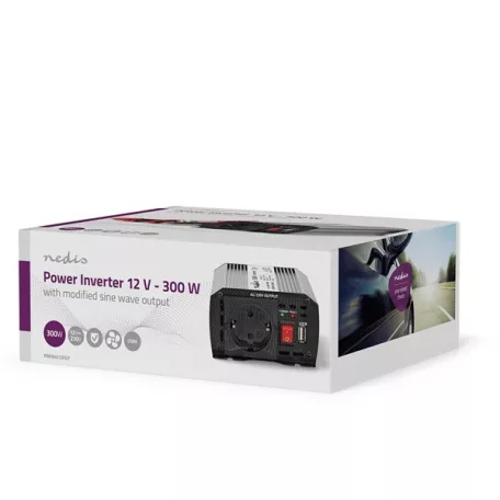 Nedis PIM30012FGY 12V DC - 230V AC inverter, 300W, csatlakozás: szivargyújtós, akku csipesz
