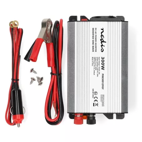 Nedis PIM30012FGY 12V DC - 230V AC inverter, 300W, csatlakozás: szivargyújtós, akku csipesz