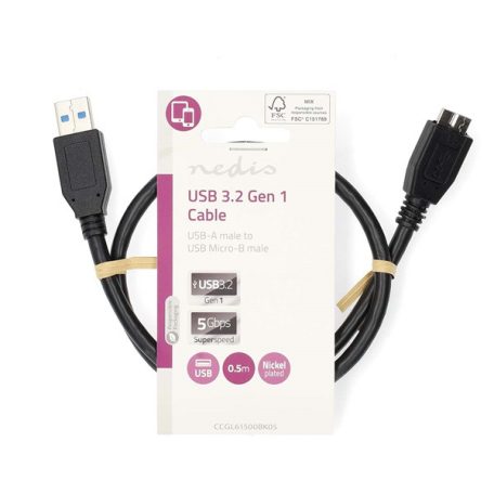 Nedis CCGL61500BK05 USB3.2 - micro-B (micro B) kábel, 5 Gbps, 0,5m, (USB3.1, USB3.0, USB2.0)