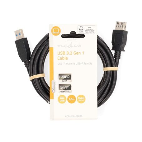 Nedis CCGL61010BK20 USB3.2 toldó / hosszabító kábel, USB A dugó - USB-A aljzat, 5 Gbps, 2m (USB3.1, USB3.0, USB2.0)