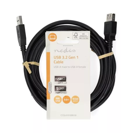 Nedis CCGL61010BK30 USB3.2 toldó / hosszabító kábel, USB A dugó - USB-A aljzat, 5 Gbps, 3m, (USB3.1, USB3.0, USB2.0)