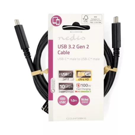 Nedis CCGL64750BK10 USB C - USB-C kábel, USB3.2 Gen 2, 240W, 20 Gbps, 1m, (USB3.1, USB3.0, USB2.0)