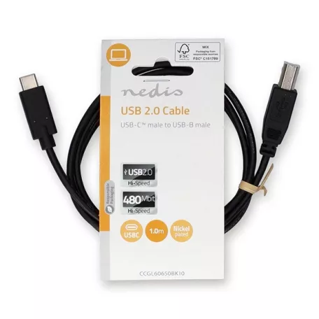 Nedis CCGL60650BK10 USB-C dugó - USB- B dugó (USB C - USB B) kábel, 480 Mbps, 1m