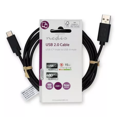Nedis CCGL60600BK20 USB A - USB C (USB-C) kábel, USB2.0, 15W, hossz 2m