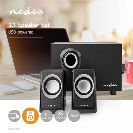 Nedis CSPR10021BK PC (hangfal) hangszóró 2.1, 33 W, 3,5mm sztereo jack