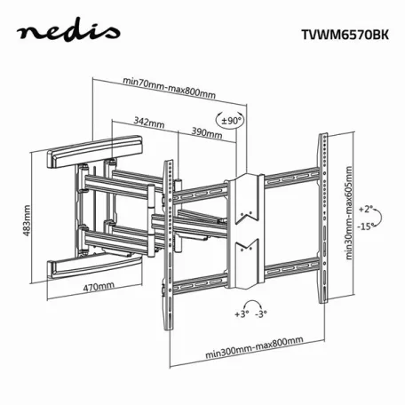 Nedis TVWM6570BK 43"- 100" LCD TV / monitor fali tartókonzol, maximum 70 kg, forgatható / dönthető, 3 forgáspont