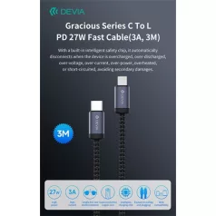   Devia Gracious Series 27W PD Type-C/Lightning adat- és töltőkábel 3m - fekete
