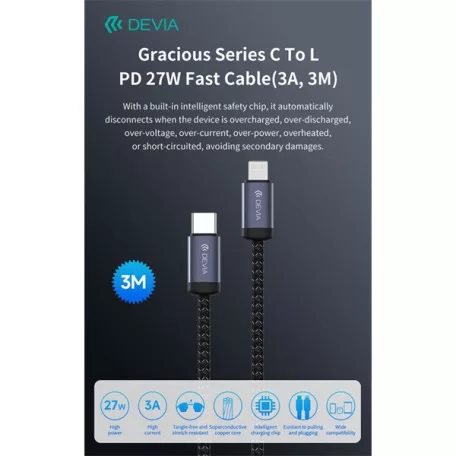 Devia Gracious Series 27W PD Type-C/Lightning adat- és töltőkábel 3m - fekete
