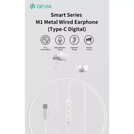 Devia Smart Series M1 Metal In-Ear sztereó fülhallgató - USB-C (Type-C), ezüst