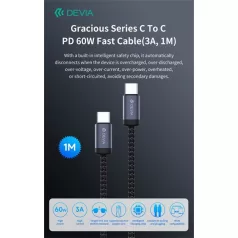   Devia Gracious Series 60W PD USB-C - USB C (Type-C) adat- és töltőkábel, fekete, 1m