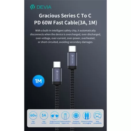 Devia Gracious Series 60W PD USB-C - USB C (Type-C) adat- és töltőkábel, fekete, 1m