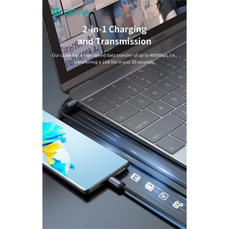 Devia Gracious Series 60W PD USB-C - USB C (Type-C) adat- és töltőkábel, fekete, 1m